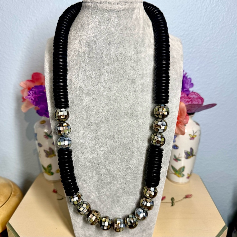 Black Coconut Shell Disc Beaded Necklace with mother of Pearl inlay disco beads
